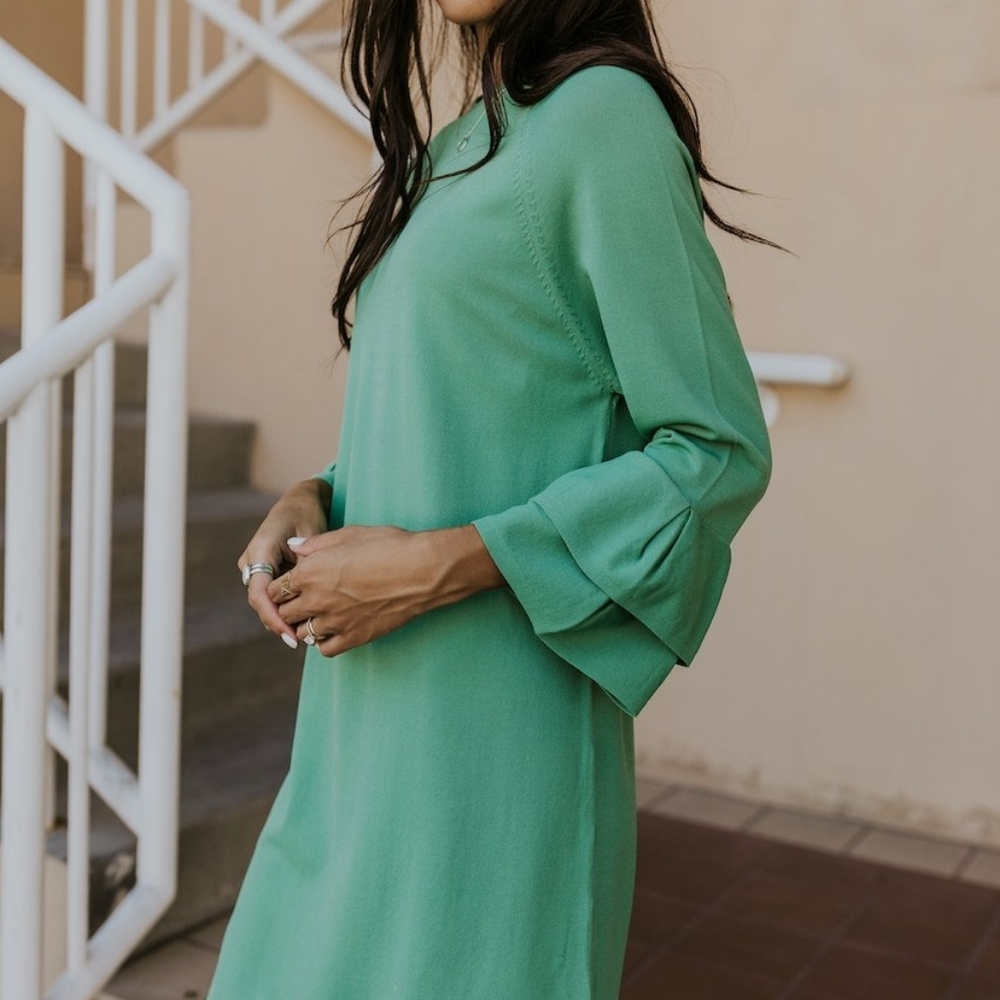Green shift dress with bell sleeves